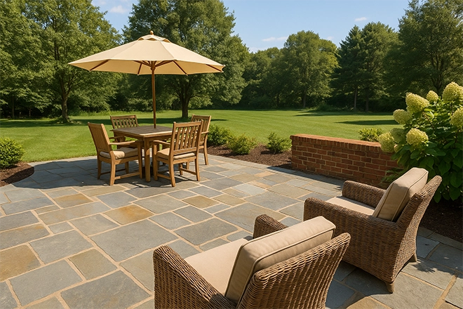 ChatGPT Image of a patio in the mountains with furniture and a brick retaining wall ChatGPT Image of a patio in the mountains with furniture and a brick retaining wall