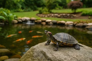 ChatGPT Image of a pond turtle by a koi pond