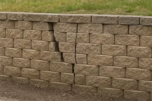ChatGPT Image of a retaining wall needing repair because it has a large crack in it