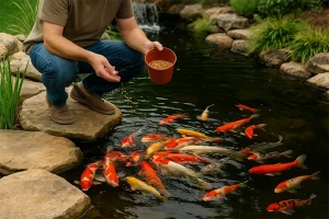 ChatGPT Image of a person feeding their koi fish