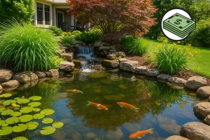 ChatGPT Image of a backyard koi pond with money in the corner