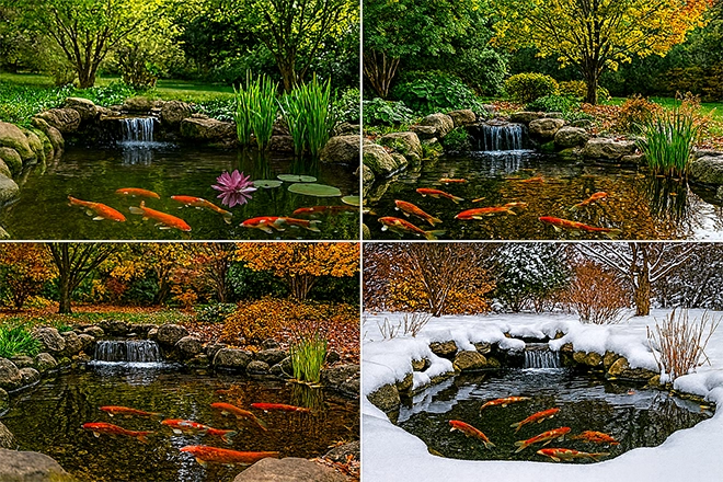 ChatGPT Image of a koi pond in all seasons